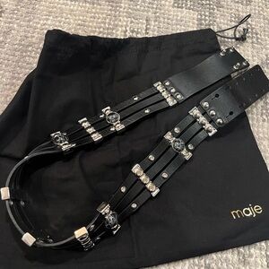 Maje Black Studded Triple-Strap Leather Belt with Crystal Accents